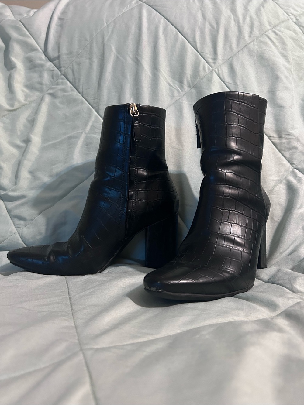 H&M Black Croc-Embossed Pointed Toe Ankle Boots